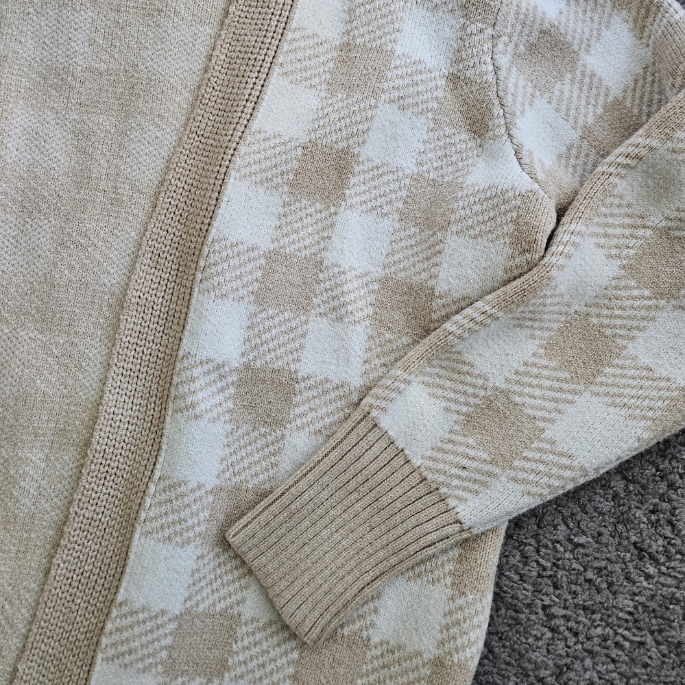 Plaid Beige Open-Front Cardigan Sweater